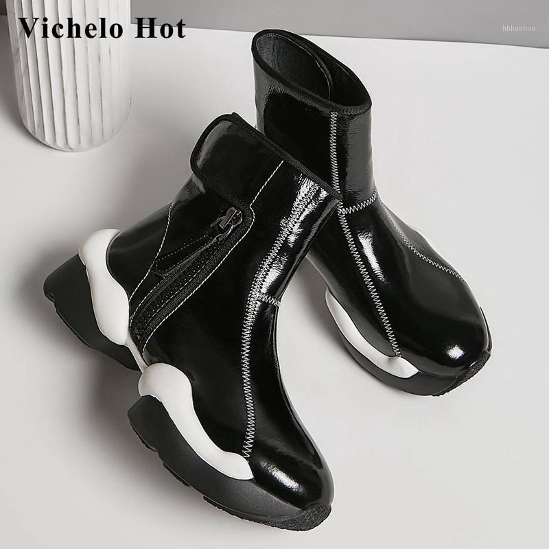 

Vichelo Hot new arrival sports boots real cow leather mixed colors round toe thick med heel hook loop energy ankle boots L9f91, Black