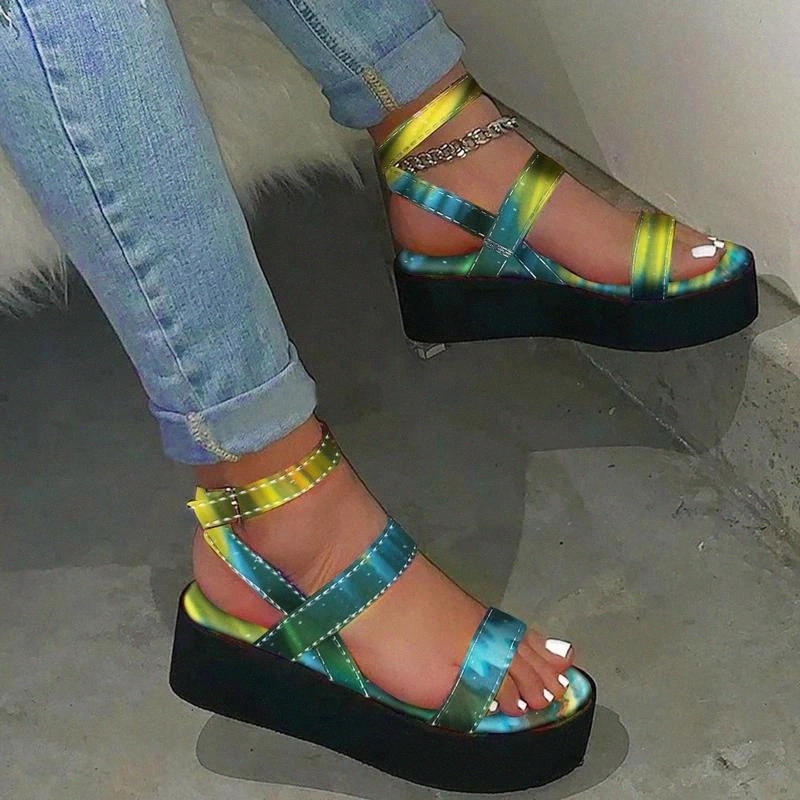 

Platform Shoes Women Sandals Summer New Colorful Flat Print Ladies Ankle Buckle Strap Sandalias Mujer Shoes Female Casual Woman #Pb7i, Black