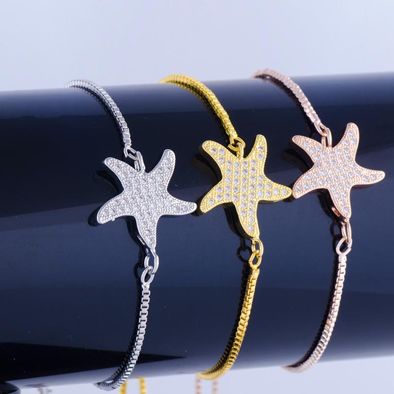 

Shining Micro Pave Zircon Crystal Starfish Charms Bracelets Handmade Copper Square Chain Women's Bracelets Diy Pulseira Feminina