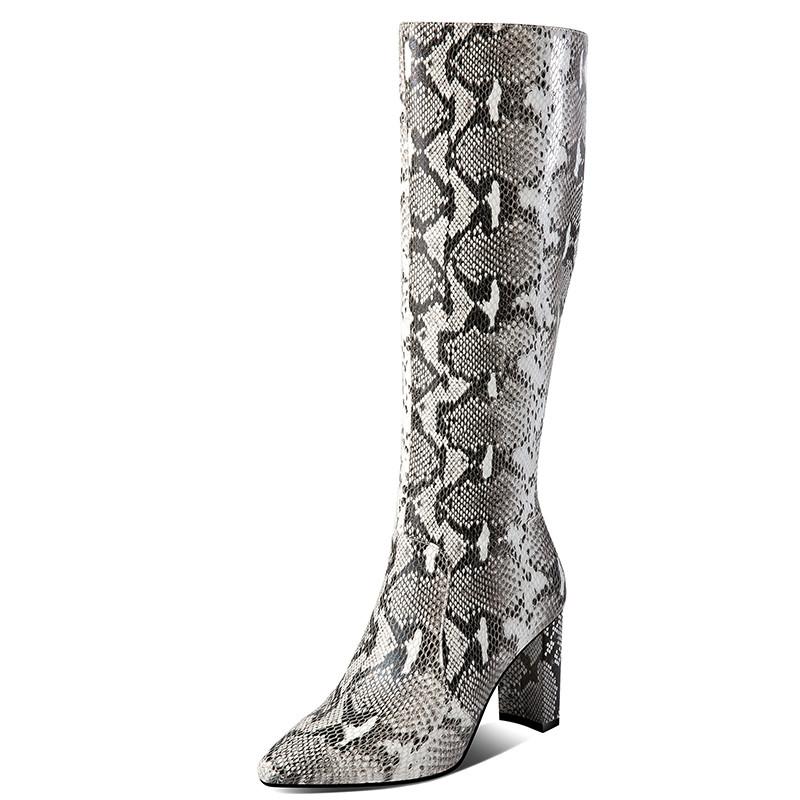 

2020 Brand Style Knee-High Boots Leather Pointed Thick Heel Snake Print Slub Pattern Full Cowhide Women Boots Fall Winter 8cm, White snake texture