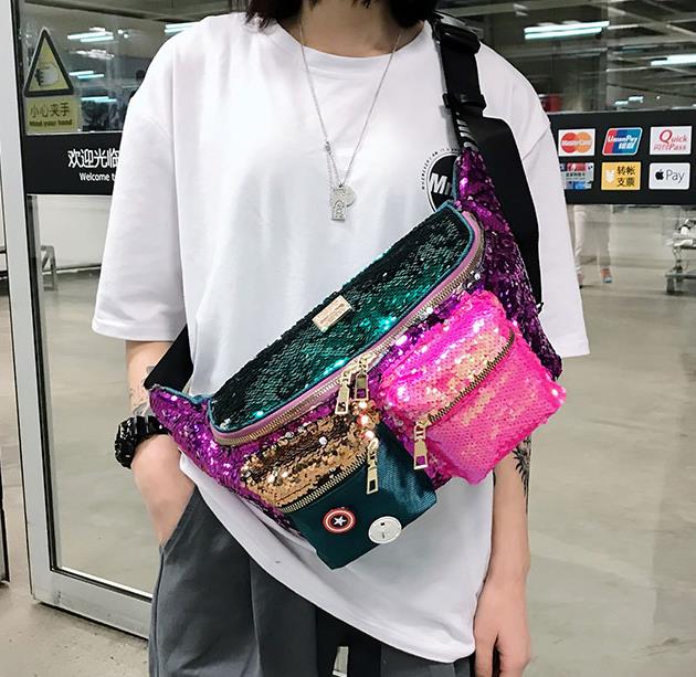 

Fashion chest bag female design sense sequin bag street hip-hop bag, color matching badge, European and American popular shoulder bag, Green