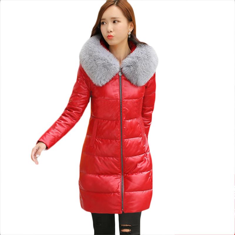 

Plus size PU leather Down cotton Jacket Women Winter Jackets Women' New long Thick Warm Down cotton Leather Jackets 4XL F1085, Red 01