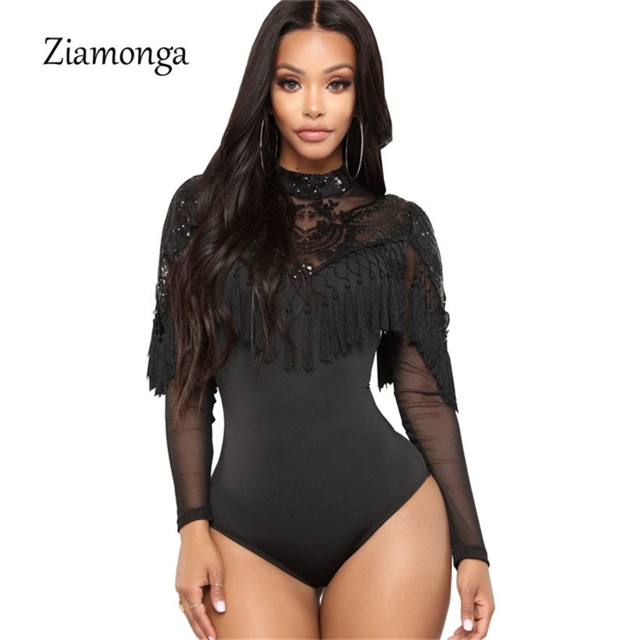 

Ziamonga Sexy Lace Embroidery Bodysuit Women Sequined Elegant Fashion High Neck Bodysuits Long Sleeve Tassel Skinny Jumpsuits Y200827, Blue