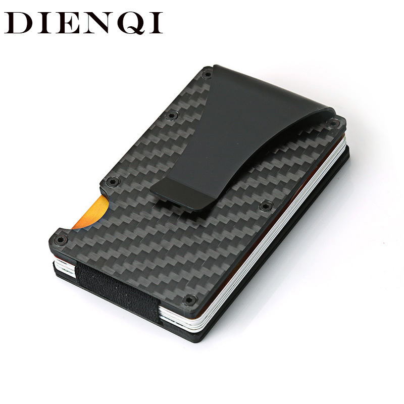 

DIENQI Carbon Fiber Card Holder Mini Slim Men Aluminum Metal RFID Magic Wallet Small Thin Male Purses Money Bag Vallet Q1220, Red;black