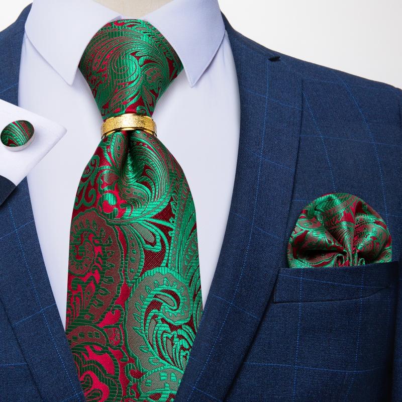 

Bow Ties 100% Silk Jacquard Woven Green Red Paisely Floral Men Tie Luxury 8cm Business Wedding Party Necktie Set Hanky Ring DiBanGu