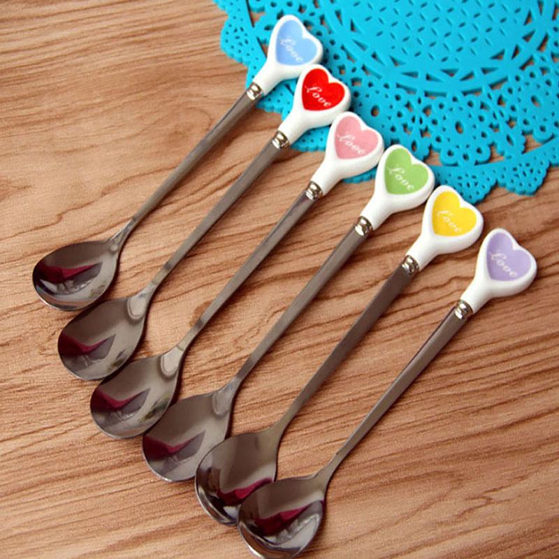 

Ceramic Handle Colorful Heart Love Shaped Ice Cream Spoon Stainless Steel Cutlery Creative Stirring Spoon Coffee Dessert