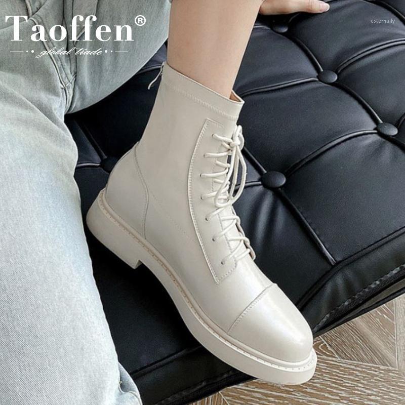 

TAOFFEN Women Ankle Boots Real Leather Cross Strap Flats Winter Shoes Women Warm Zipper Short Boot Office Footwear Size 33-401, Black