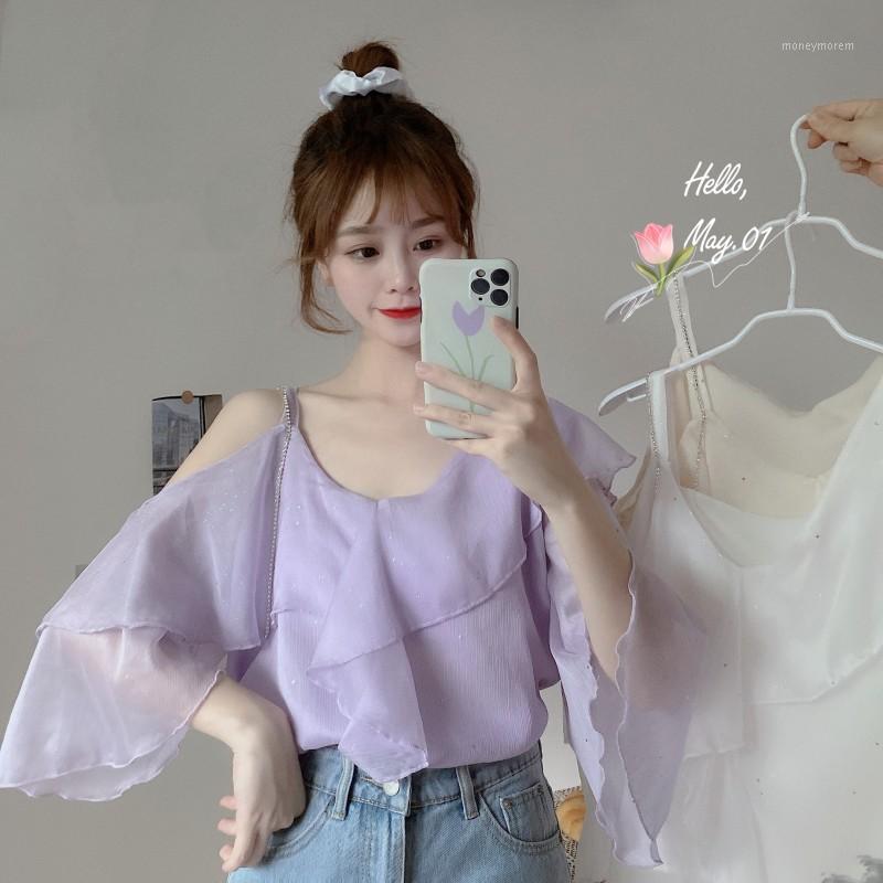 

Women Summer Chiffon Shirts Sweet Chic Style V Neck Off One Shoulder Flare Sleeve Ruffles Patchwork Elegant Blouses for Girls1, 01
