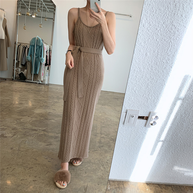 

2021 New Korean 2 Female Ensemble Chic Autumn Pattern Long Cardigan Sling Dress Elegant Ladies'suits Mesh Two Sets TPNN, Only khaki dress