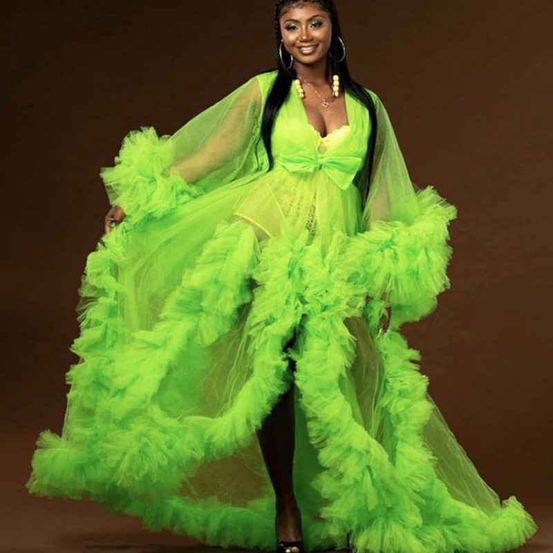 

Green Illusion Maternity Tulle Photo Shoot Robe Pregnant Woman Long Sleeve Tiered Ruffles Dress Bridal Party Birthday Gowns