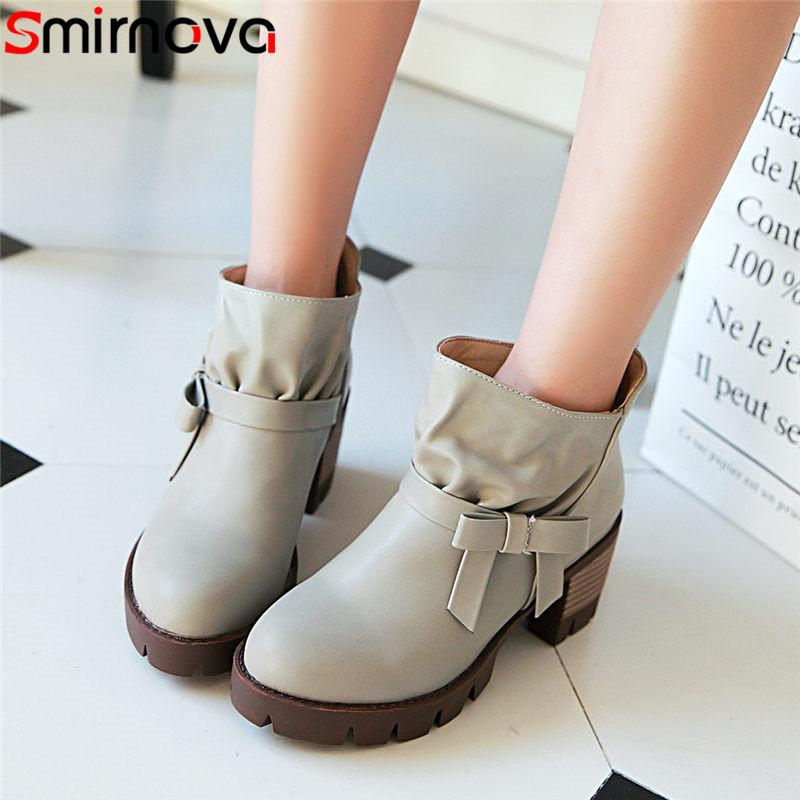 

Smirnova new hot 2020 winter women fashion boots round toe butterfly knot casual platform ankle boots slip on high heel, Beige