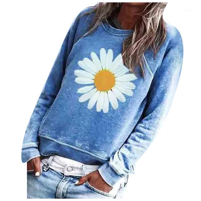 

Fashion sweatshirts women' cotton Round collar Small Daisy printing long sleeve Sunflower printed Vintage loose sweatshirt hot1, Black