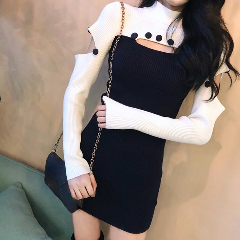 

Casual Dresses Vestidos Retro Autumn Slim Sexy Hollow Out Turtleneck Dress Mini Knit Long Sleeve Wrap Hip Sweater Waist Hit Color, Black;gray