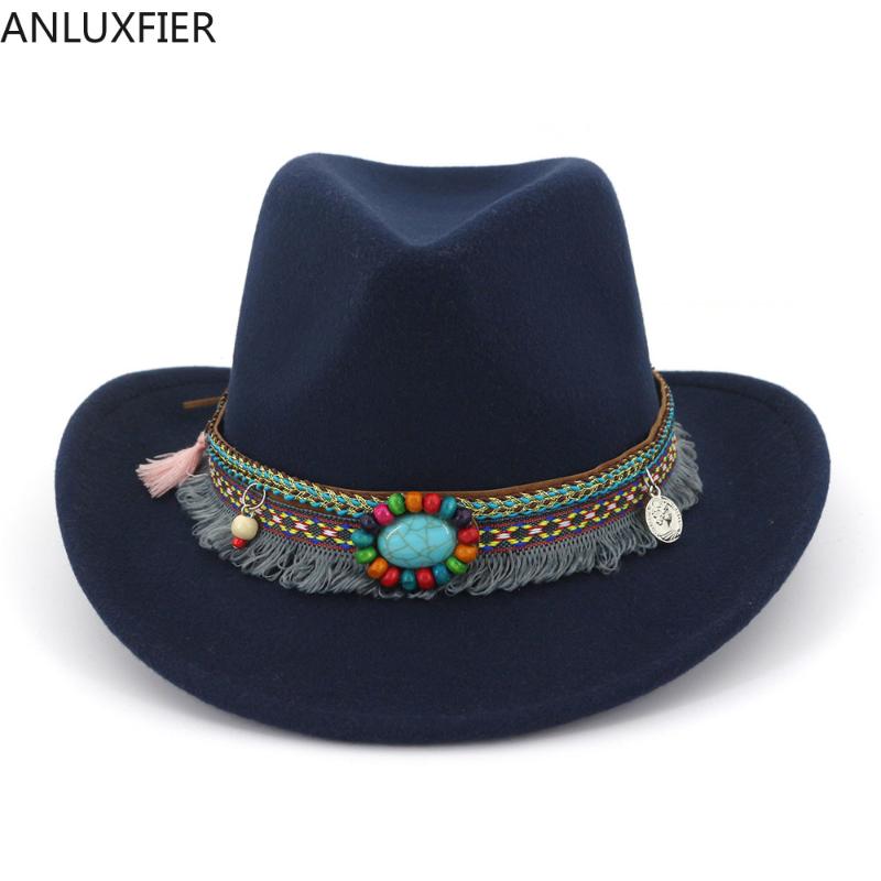 

H7551 Autumn Winter Wool Felt Fedoras Hat Male Female Couple Woolen Cap Women Men Ribbon Tassel Banquet Party Casual Caps, Black
