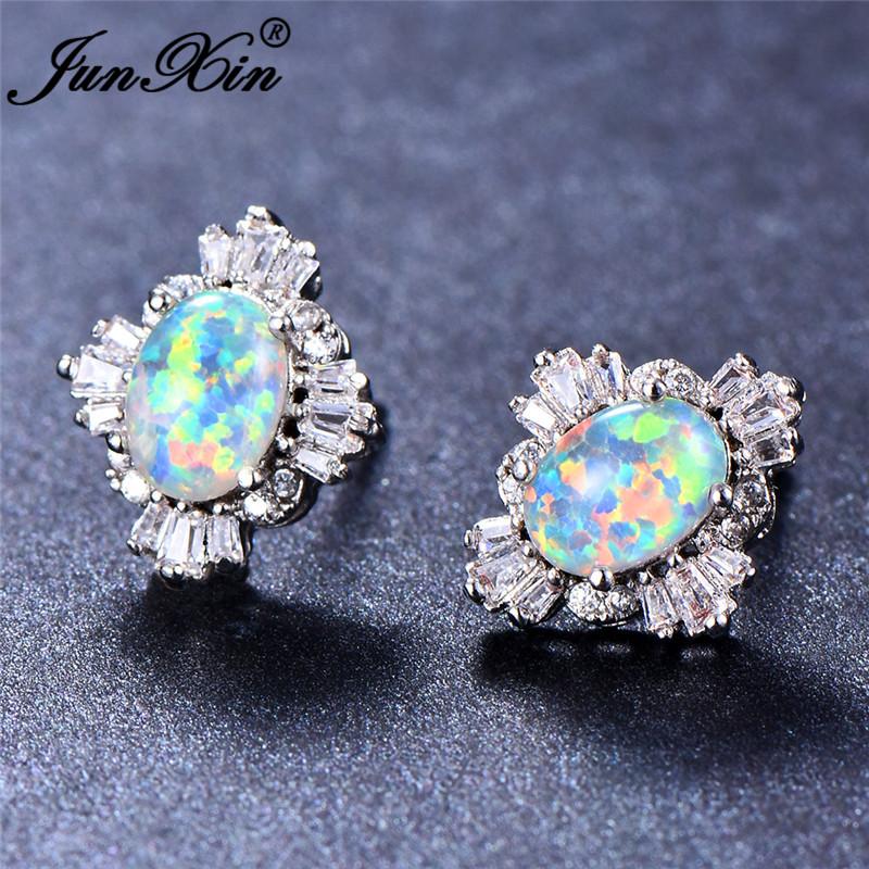 

JUNXIN Blue Green White Fire Opal Earrings Female Silver Color Oval White Zircon Wedding Stud Earrings For Women