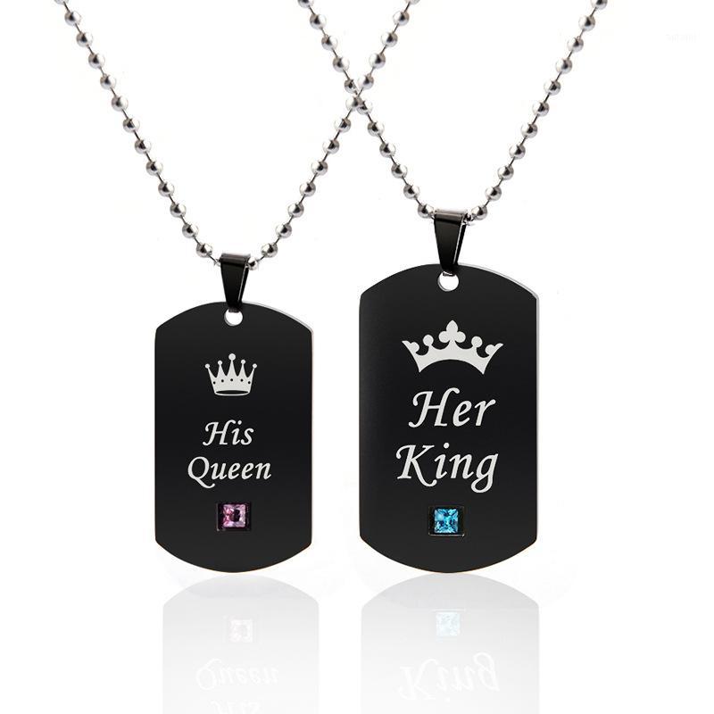 

Fashion Couple Necklaces Black Stainless Steel Her King His Queen Crown Tag Pendant Necklace with Stone Crystal Lovers Jewelry1