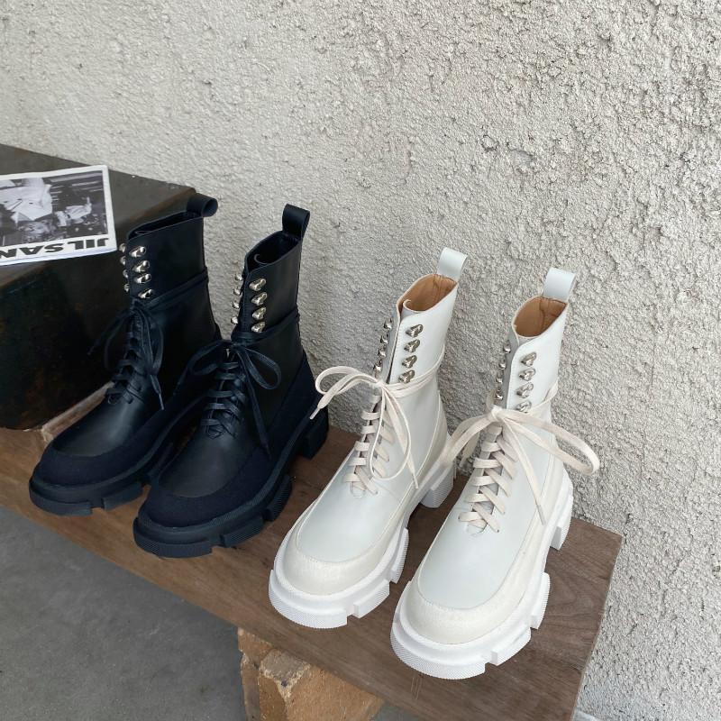 

Lace up Cross-tied Platform Boots Women Chunky Heel Rivet Motorcycle Boots Women Black Punk Designer Shoes