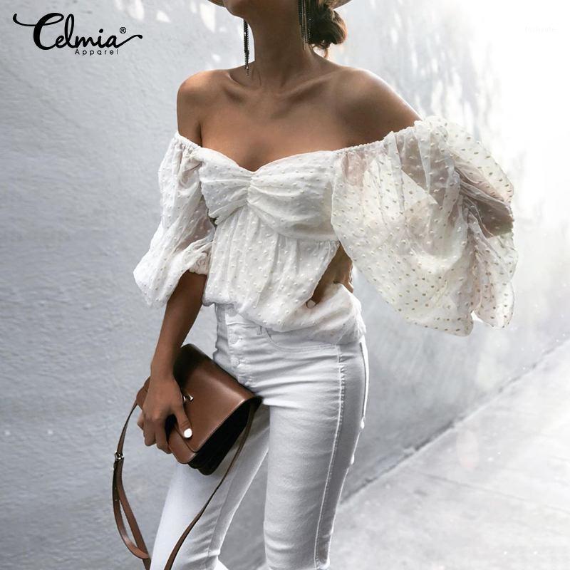 

Women' Blouses & Shirts Celmia Women Mesh Perspective Tops Summer Sexy Off Shoulder White Ruffles 3/4 Lantern Sleeve Casual Party Blusas1, Black