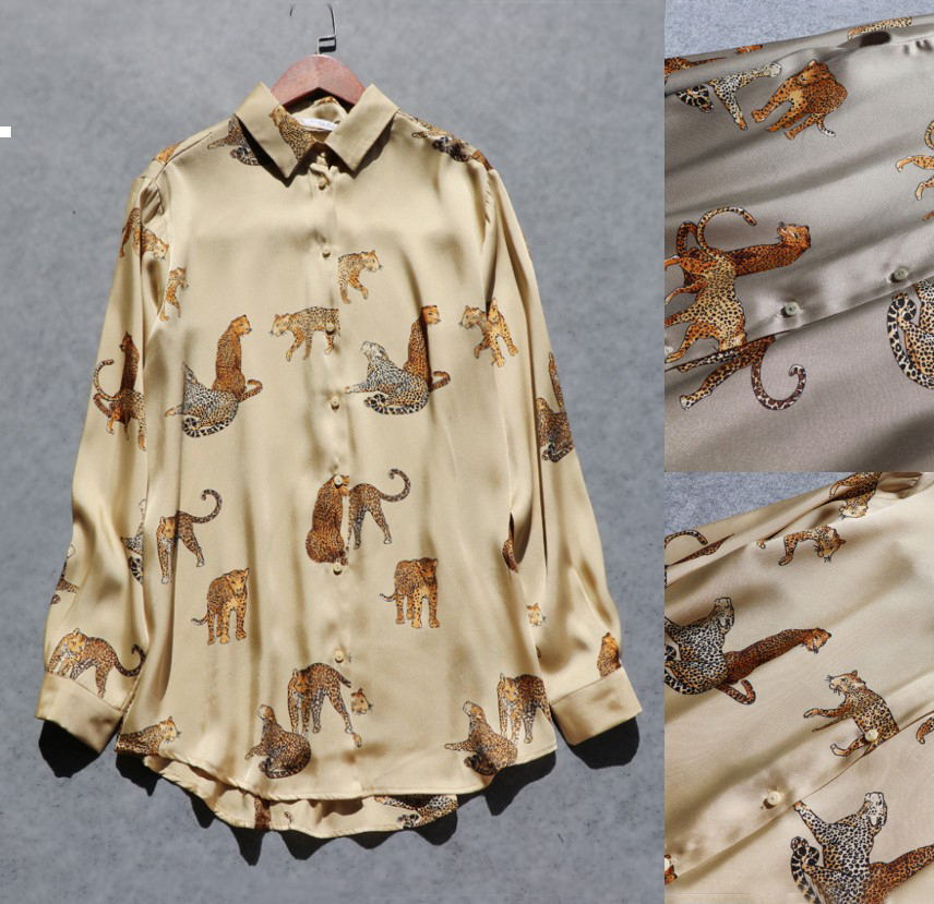 

New Female 2021 Leopard Autumn Printed Shoulder Long Sleeve Straight Satin Shirt Woman Cfst S4N8, Dark brown.