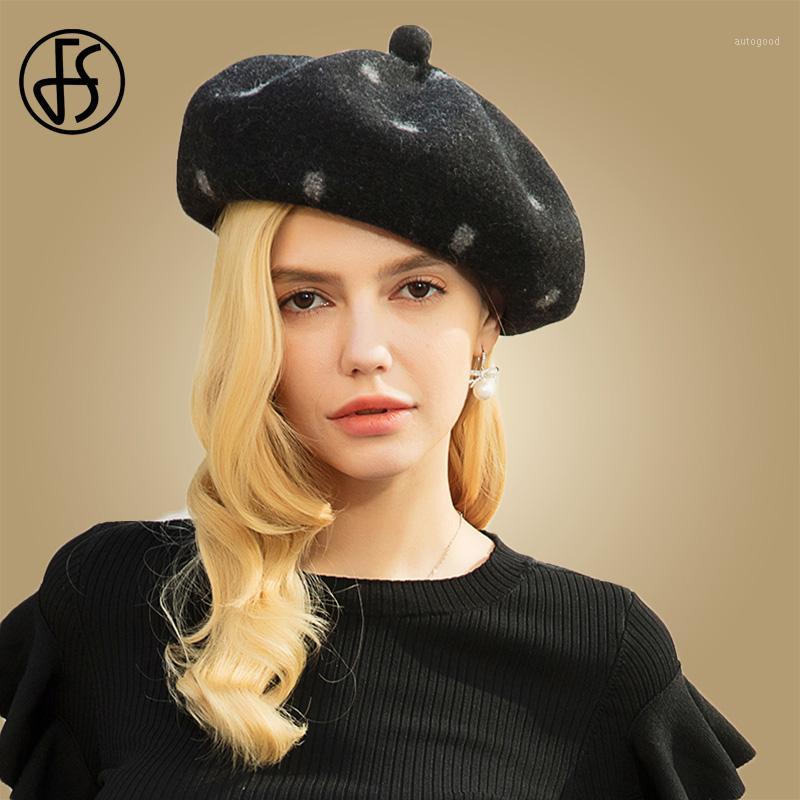 

FS Vintage Warm Wool Cap Solid Color Women French Beret Hat Black Polka Dot Casual Artist Painter Hats Winter Girls Beanie1, Black beret