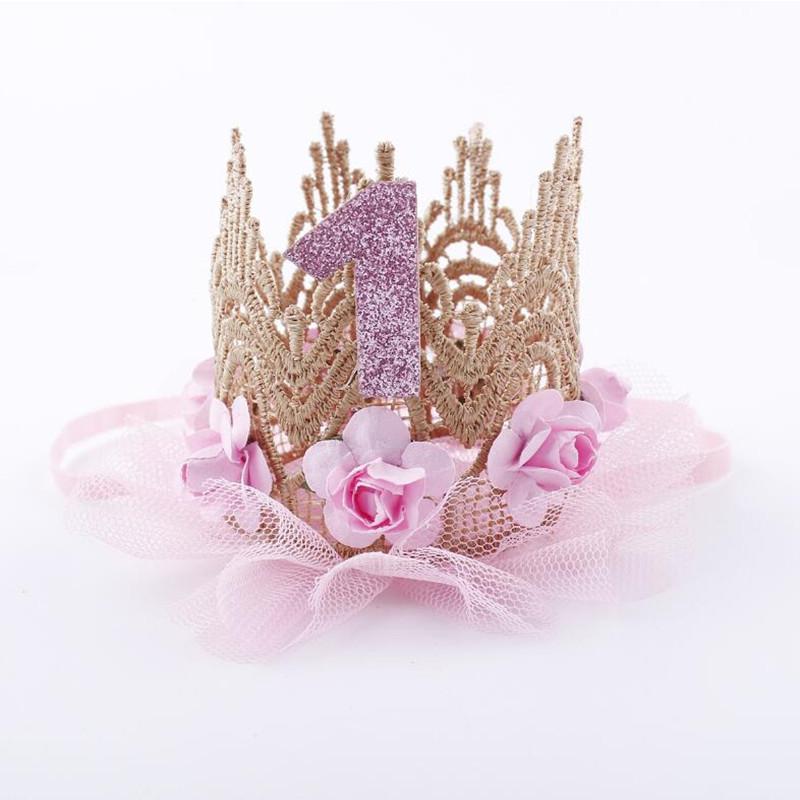 

Kids 1st Year Old Number Crown Headband Princess Rose Flower Lace Mesh Birthday Hat Birthday Hair Accessory Halloween, Beige
