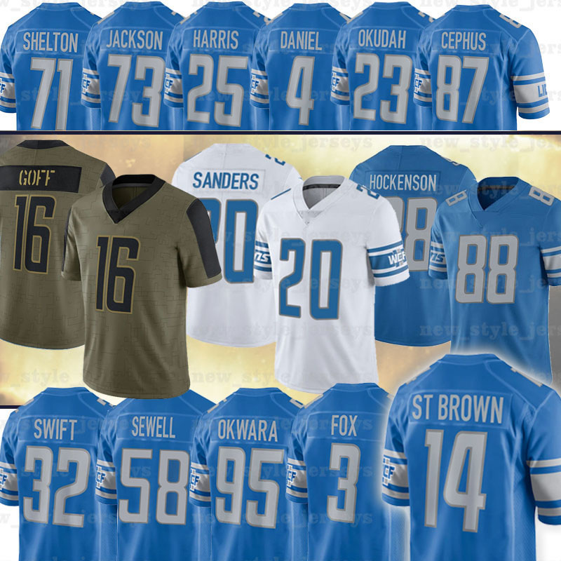 

14 Amon-Ra St. Brown Football Jerseys T.J. Hockenson Jared Goff D'Andre Swift Frank Ragnow Amani Oruwariye Derrick Barnes Barry Sanders, Men(xiong shi)