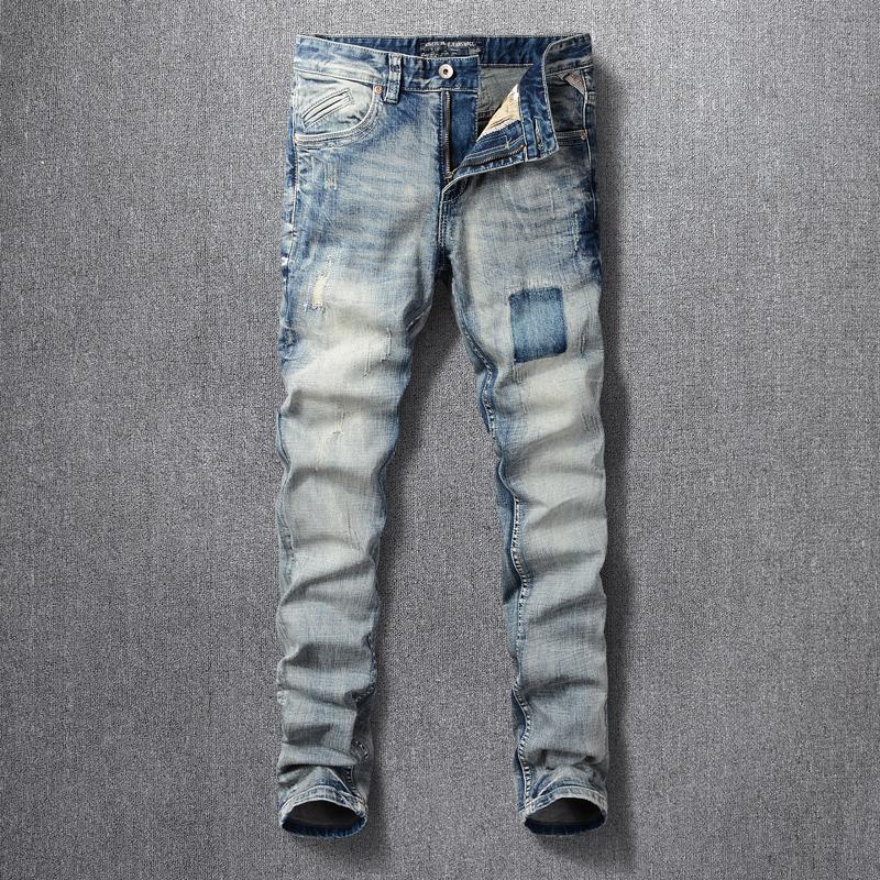 

Italian Style Fashion Men Jeans Retro Blue Slim Fit Distressed Ripped Denim Trousers High Quality Vintage Designer Cotton Pants