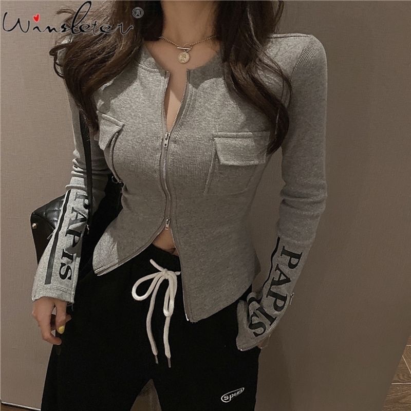 

Fashion Pocket Women Sweater Autumn Letter Printed Zip Cardigan Jackets Long Sleeve Korean Casual Splits Knit Top T06412B 201016, Beige