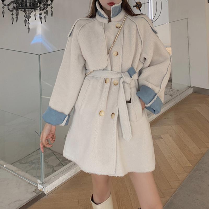 

Korean Version Japanese Overcoat Autumn Winter Thicken Keep Warm Lambswool Lace Draw Back Double Breasted Grain Fleece Coat, Ivory