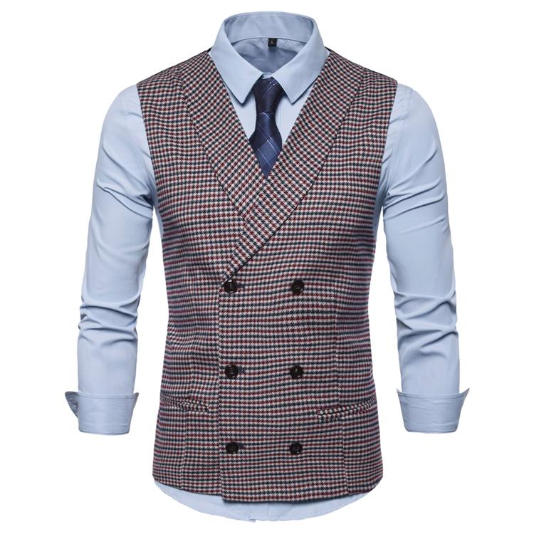 

Men's plaid formal sport vest casual double-breasted v-neck fashionable men's English style casual vest, Black