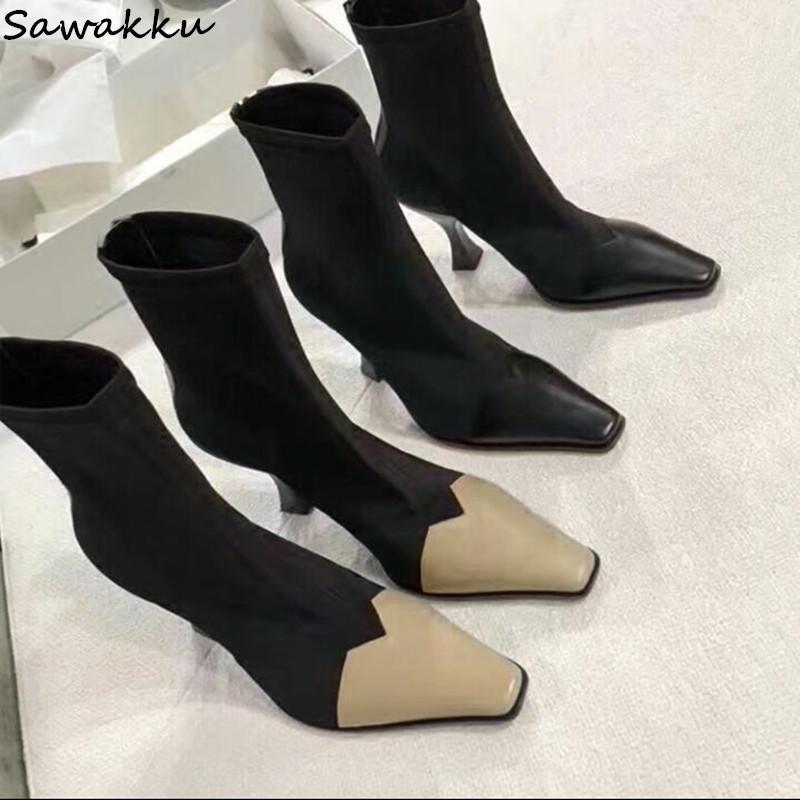 

New Designer Women Ankle Stretch Boots Fabric High heels Zapatos Mujer T-Stage Runway Shoes Square Toe Women Leather Boots1, As show
