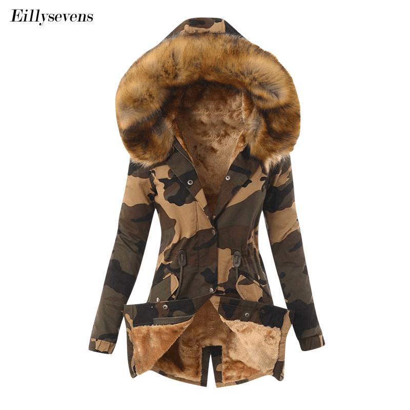 

Women' Down & Parkas 2021 Plush Camouflage Parker Parka Fashion Adjustable Waist Fur Collar Winter Jacket Women Longsleeve Hooded Coat, Gray