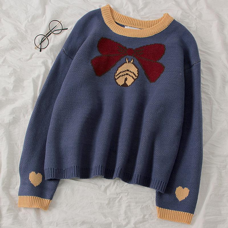 

New Women Korean Sweater Spring Autumn Long Sleeved Cute Bowknot Print Loose Oversize Sweaters Woman Pullover Knit Casual Tops
