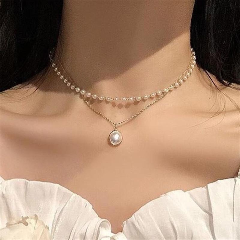 

New Arrival Women Chokers Necklaces Trendy Double Chain Round Beads Pendant Party Necklace For Female Korean Jewelry