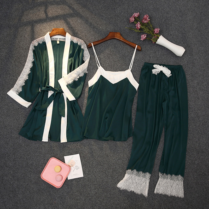 

2021 New Korean Style Sets of Women's Summer Silk Cut Girly Lace Pyjamas with Sexy Thin Sash Nightwear Ladies Jpsf, Black