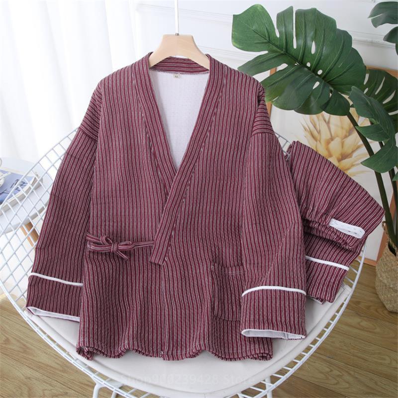 

Autumn Winter Japanese Couple Kimono Pajamas Sets Women Cotton Long Sleeve Casual Nightwear Men Plus Size Sleepwear Suit, Color1