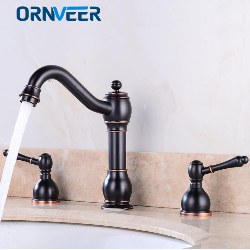 

Black three piece faucet hot and cold mixed water basin three hole faucet bathtub