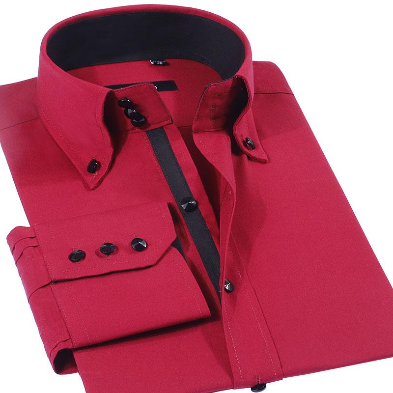 

Quality 4XL Men's Blouse Dress Long Sleeve Luxury Button Up Silk Cotton Shirt Slim Fit Western Hand Sewing Fashion Casual Design, Red