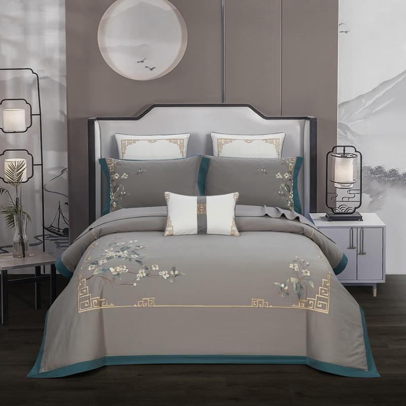 

Chinoiserie Vintage Chic Embroidery Duvet Cover Grey Long Staple Cotton 4Pcs Bedding set Queen King size Bed Sheet Quilt Cover, Color 3