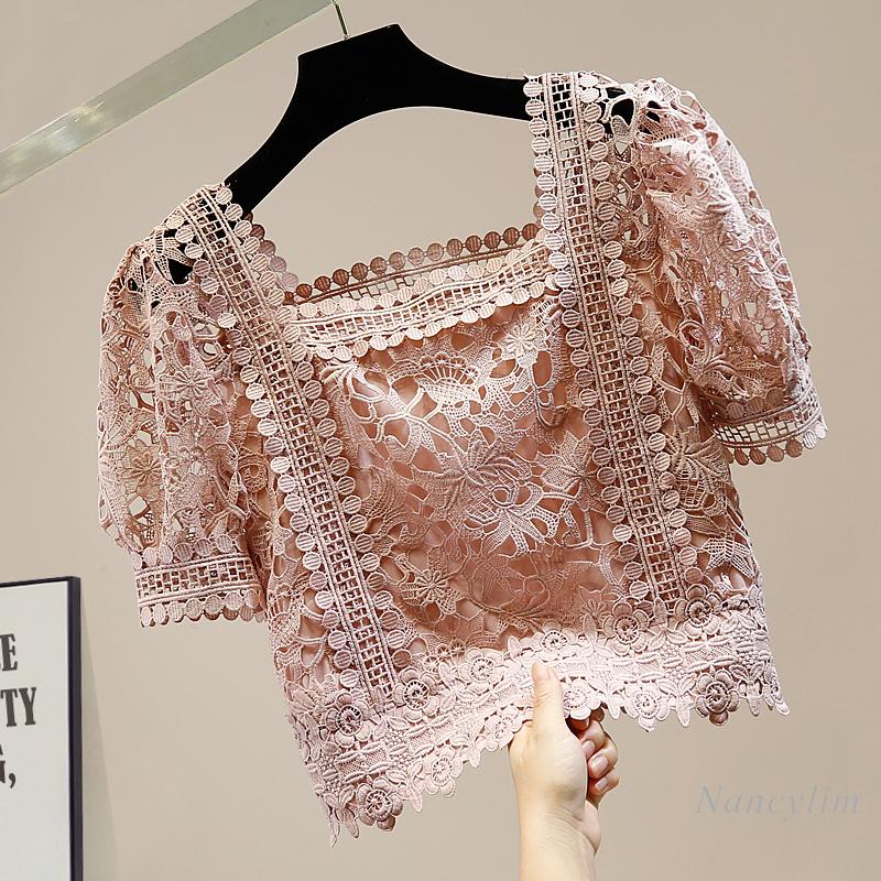 

Women' Lace Blouse 2021 Retro Puff Sleeve Square Collar Off-Shoulder Short Lace Shirt Lady Elegant Crop Top Whitc Blusas, Black