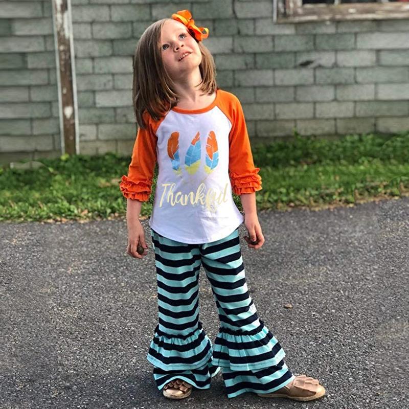 

Infant Sets Coat Baby Ruffle Sleeve Fashion Autumn Winter Thanksgiving Print Patchwork O-Neck Tops+Striped Pants Children, Or