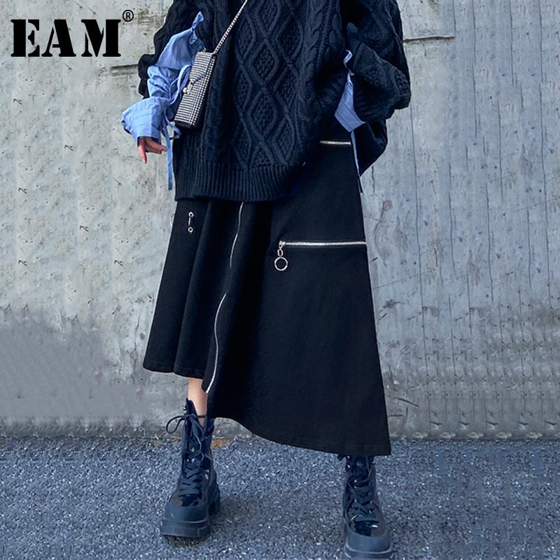 

EAM] High Elastic Waist Black Zipper Irregular Split Joint Long Half-body Skirt Women Fashion Tide New Spring Autumn 2020 1Y712