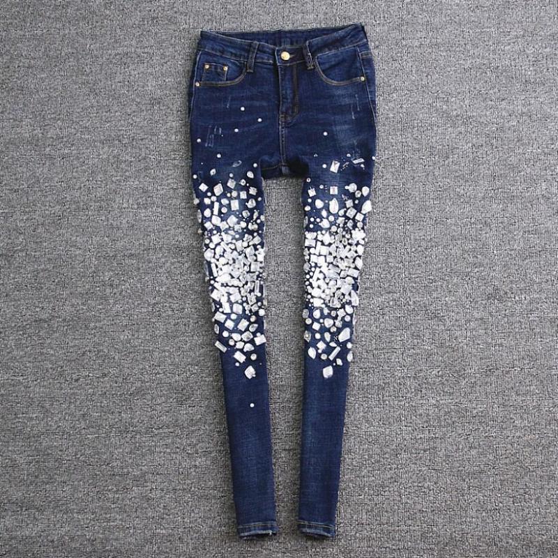 

plus size 25-30 2020 autumn fashion luxury women diamond skinny ankle length pencil jeans, Light blue