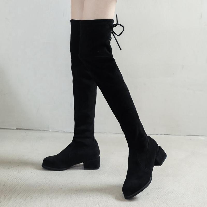 

RIBETRINI Big Size Female Lace Up Flock Low Heel Knee High Shoes Over The Knee Women Boots Winter Casual Sexy Boots, Black