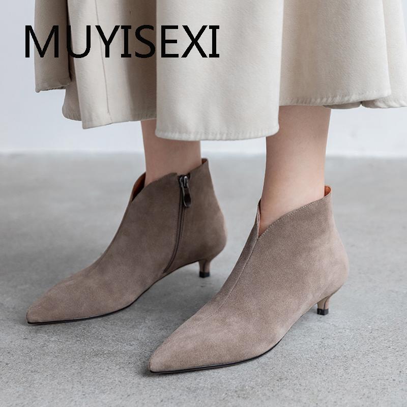 

Sexy Ankle Boots Suede Leather Pointed Toe Low Thin Heels Winter Solid Autumn Boots For Women MING06 MUYISEXI, Black