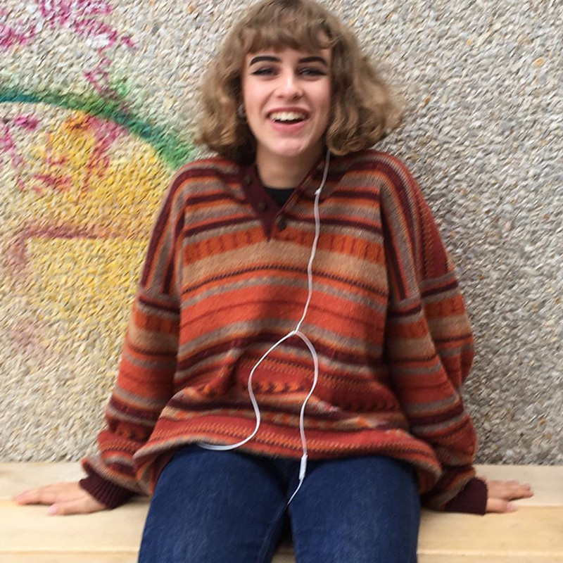 

2021 New Retro Sweaters for Argyle Woman Around Neck Vintage Mesh Tops Loose Pulley Long Sleeves Cowboy Jumpers Style MVFE, The picture