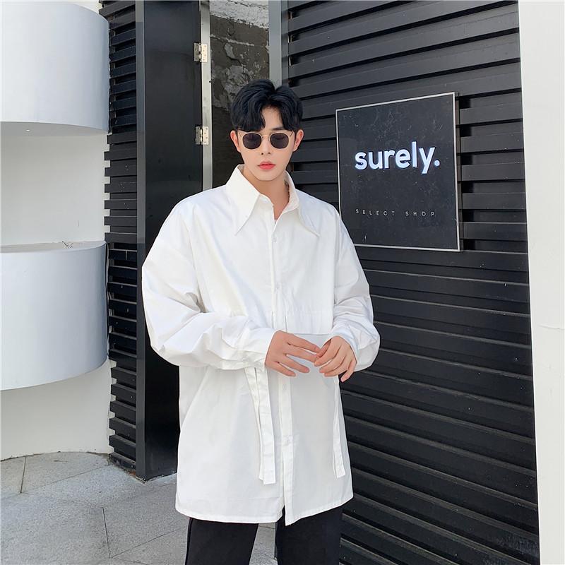 

New Male Women Japan Harajuku Streetwear Loose Couple Shirts Men Ribbon Long Sleeve Casual White Black Shirt, S43