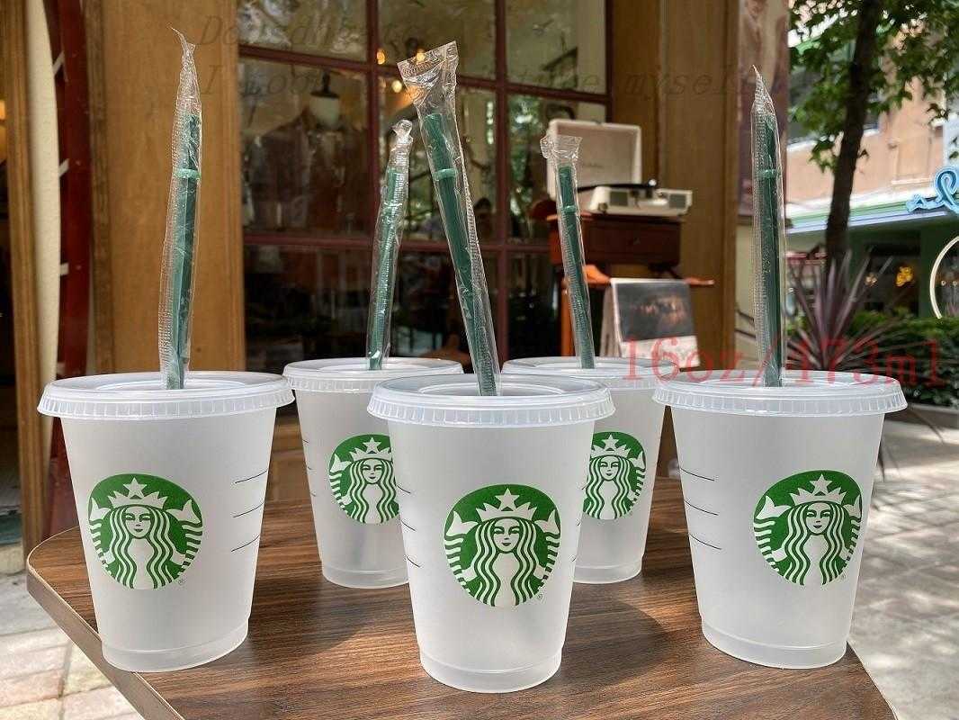 Starbucks 16oz/473ml Plastic Tumbler Reusable Clear Drinking Flat Bottom Cup Pillar Shape Lid Straw Mugs Bardian 100pcs2QAE-image-747446679