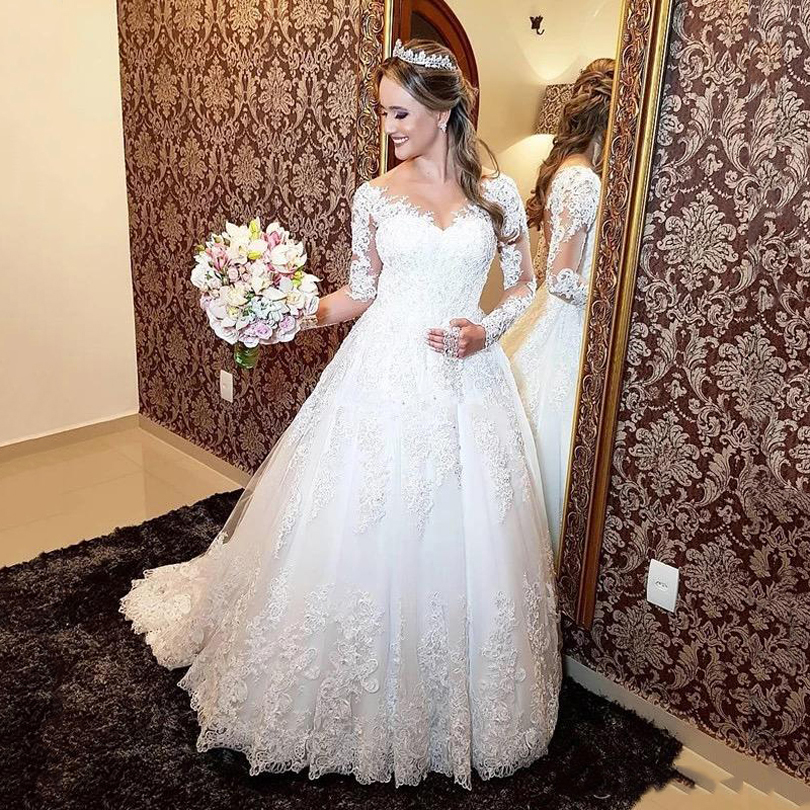 

Custom Made Long Sleeves Lace Wedding Dresses 2021 with Beading Appliques Court Train A Line Backless Bridal Gowns vestidos de novia, White