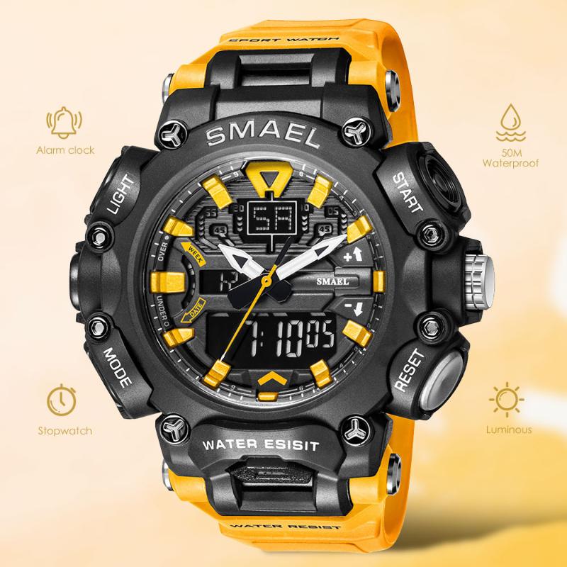 

Wristwatches SMAEL Dual Time LED Digital Watch For Men 50m Waterproof Chronograph Quartz Watches Orange Military Sport Electronic Wristwatch, Slivery;brown